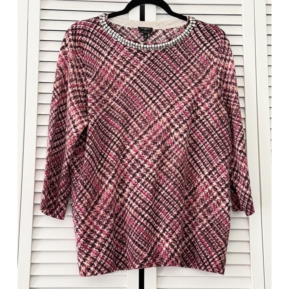 TALBOTS Hounds Tooth Jeweled Rhinestone Neck Pure Merino‎ Wool Sweater Size X